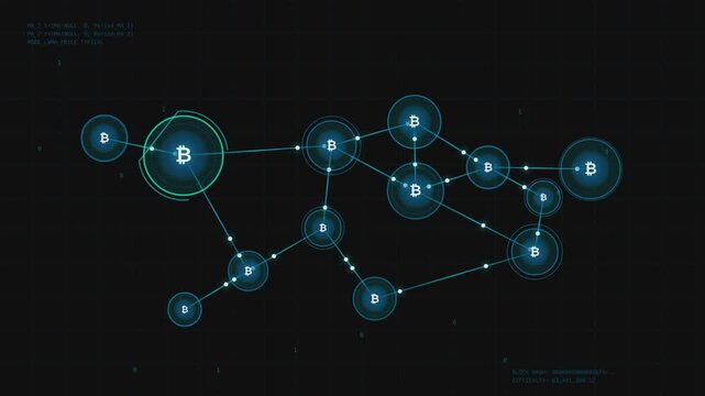 Futuristic blockchain network animation, digital cryptocurrency nodes connected on dark blue background, glowing bitcoin data visualization
