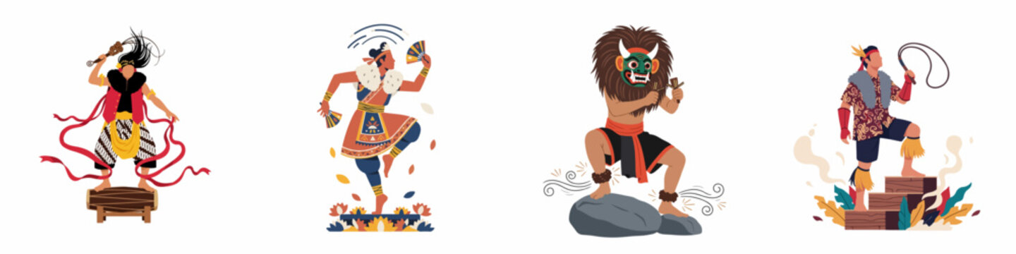 A collection of four illustrations depicting diverse Indonesian traditional cultural dancers in authentic costumes, including Reog and Caci, isolated on a white background.