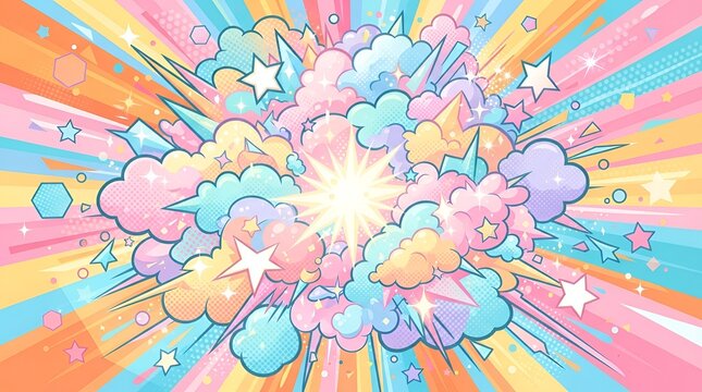 A colorful comic book style explosion featuring pastel clouds, stars, and geometric shapes on a bright sunburst background, for projects