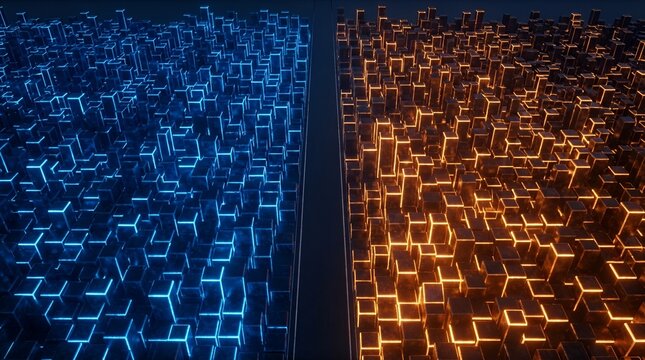 A split-screen abstract background, featuring a grid, of glowing 3, d cubes, with, one side illuminated, in vibrant blue, and the other, in orange