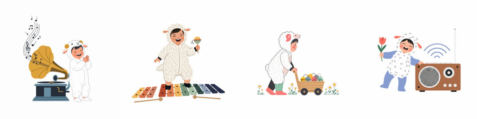 Set of illustrations featuring a toddler in a cute sheep costume interacting with vintage musical instruments and toys in a whimsical style.