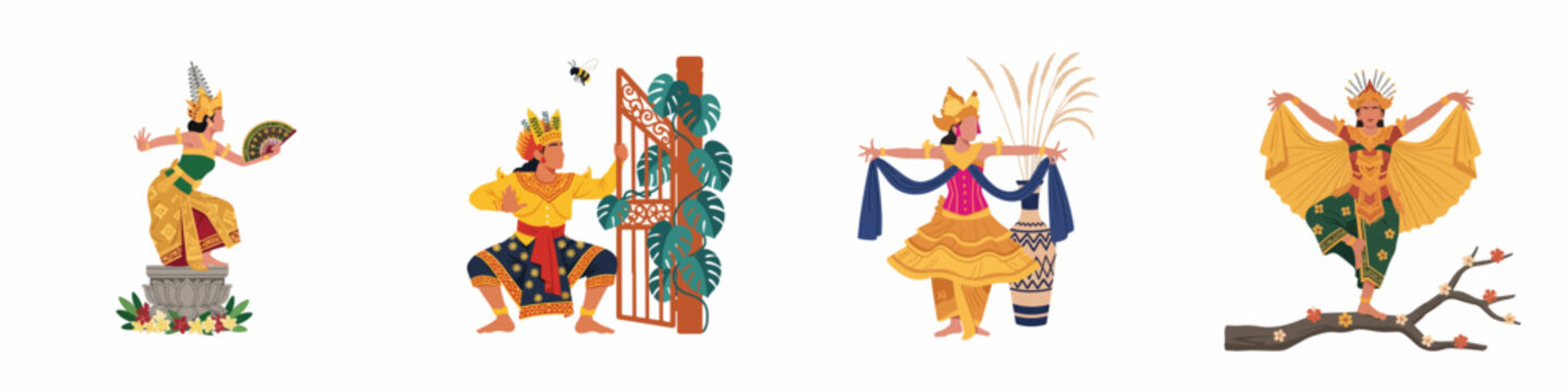 Set of Four Traditional Balinese Dancers in Colorful Costumes and Distinctive Poses Representing Indonesian Cultural Heritage and Folklore