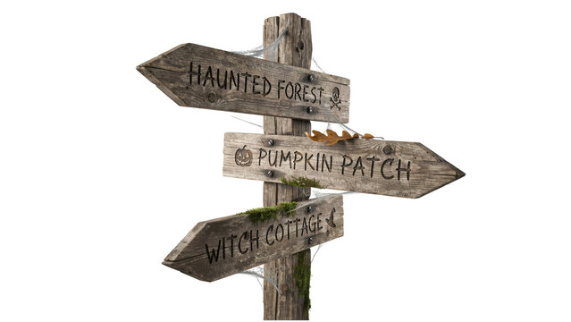 Wooden halloween signpost with directional arrows isolated on transparent background