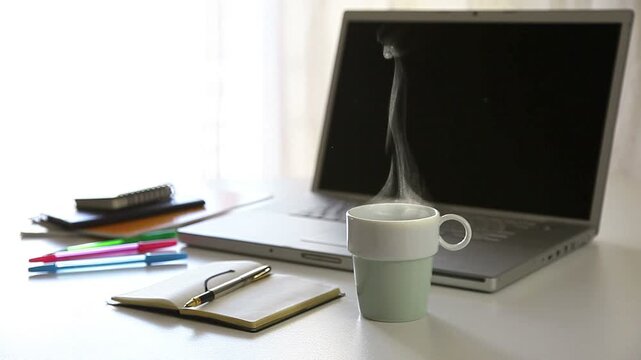 湯気がでるコーヒカップを持つ手