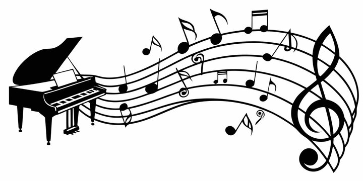 Black grand piano with sheet music, treble clef, and musical notes silhouette set