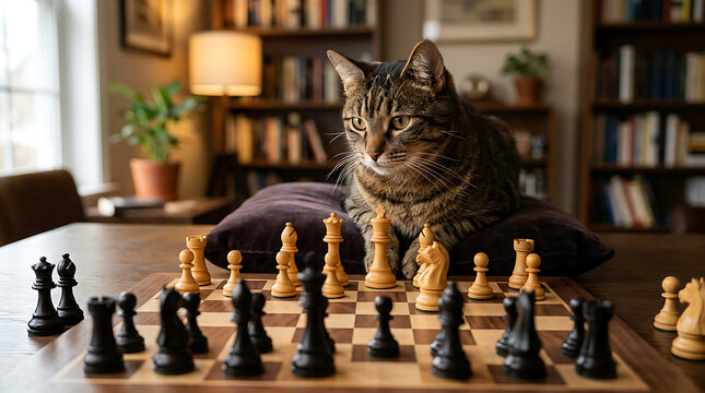 Chess game with black and white pieces on wooden board