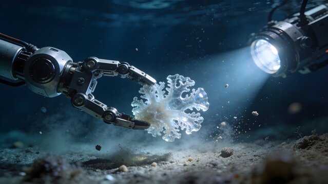 Submersible ROV Robotic Arm Sampling Delicate Glass Sponge in Deep Abyssal Plain