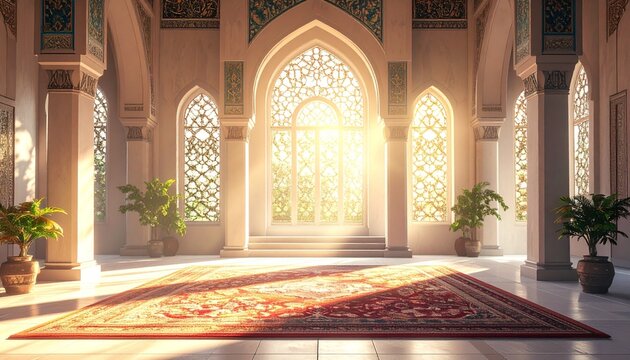 Bright sunlight streams through intricate arched windows inside a traditional mosque.