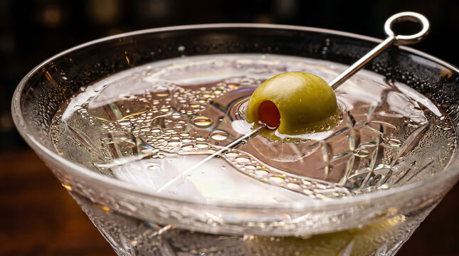Chilled Classic Martini Cocktail Garnished with Pimento Stuffed Green Olive on Metal Cocktail Pick Close-Up