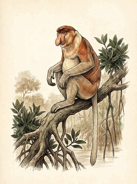 Vintage Zoological Illustration of Proboscis Monkey Nasalis Larvatus