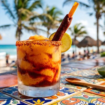 A rich frozen mango chamoyada in a rimmed glass on a colorful tiled counter, Tangy red chamoy swirl with Taj�n chili-lime rim garnish and a tamarind candy straw,