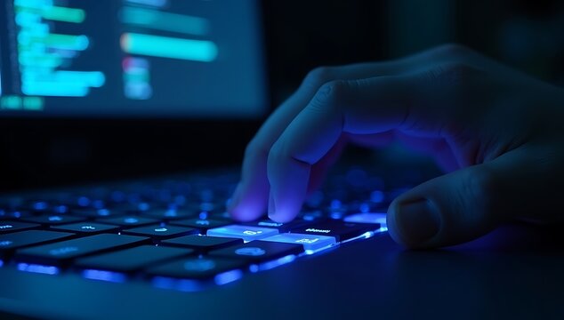Hands Typing on Illuminated Keyboard, Coding and Programming.
