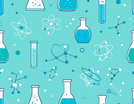 A seamless pattern of science lab equipment on a teal background