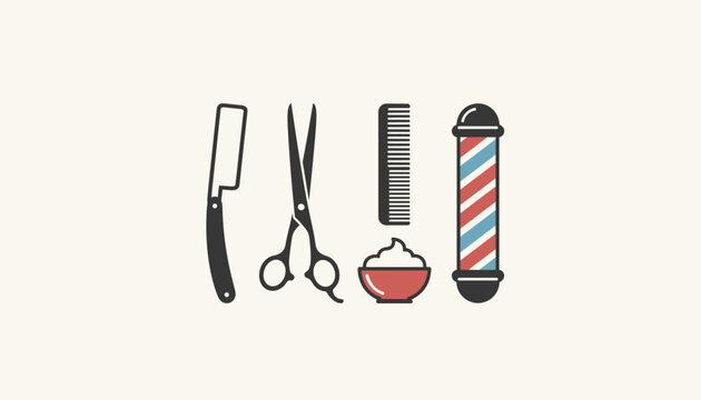 Professional vintage barber shop tools icons set displaying straight razor, scissors, comb, shaving cream, and pole.