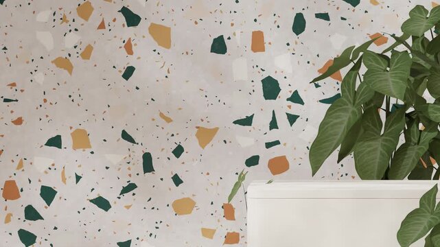 leaf plant yellow green terrazzo wall in 3d video render of blank mockup side table white podium seamless loop shadow animation