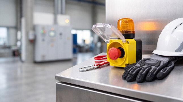 Emergency stop button hard hat and gloves on metal surface with equipment with industrial safety equipment
