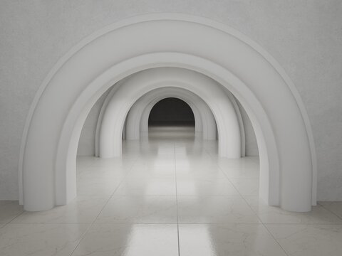 Illustration of a bright white arched tunnel with repeating curves, soft glow, and dreamlike liminal space atmosphere.