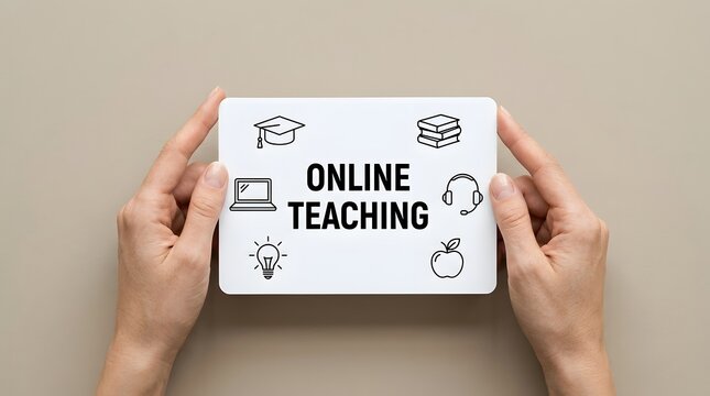 Hands holding a tablet showing online teaching text and educational icons on a neutral background