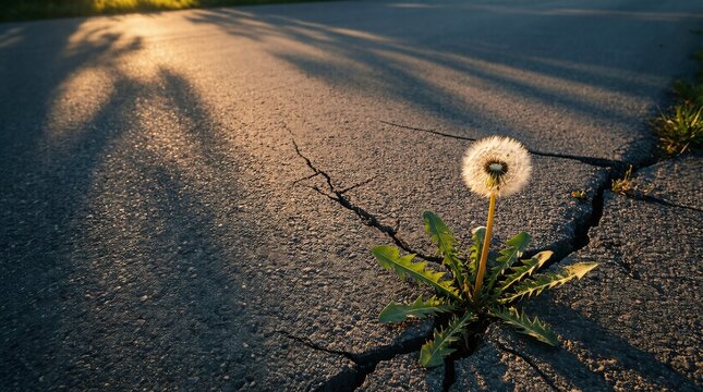 Dandelion flower blooming in cracked asphalt at sunset