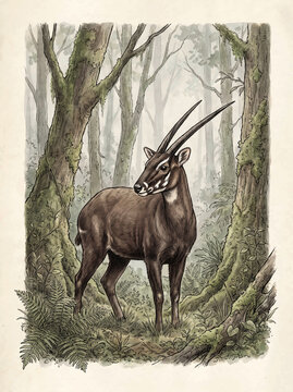 Vintage Zoological Illustration of Rare Saola Pseudoryx Nghetinhensis in Forest