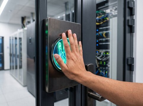 Close-up of a hand using a green glowing biometric palm reader scanner to gain secure access through a glass door into a modern server room data center