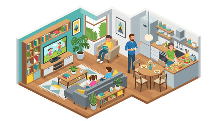 Fototapeta premium Isometric illustration of a family spending time together in a modern open plan apartment.