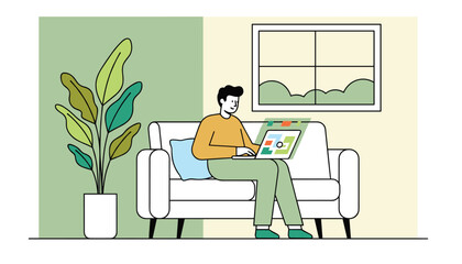 Fototapeta premium Young freelance man sits comfortably on a white couch while working remotely on his laptop inside a bright cozy room.