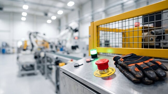 Protective work gloves resting near emergency stop button on industrial machinery with surface modern automated