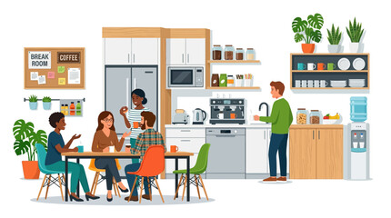 Fototapeta premium Diverse group of colleagues socializing in a modern office break room kitchen.