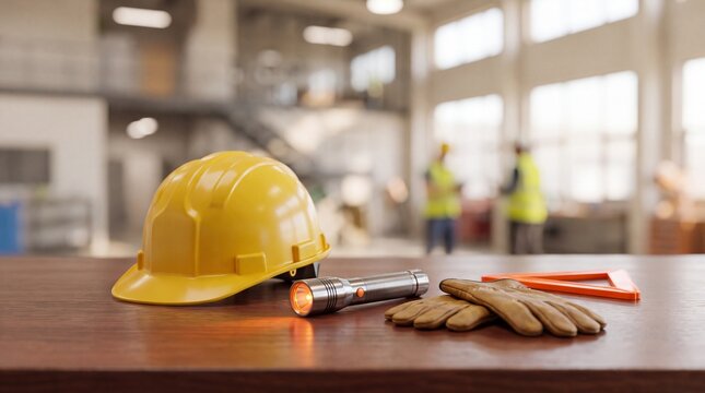 Yellow construction helmet with gloves and tools on wooden table with flashlight gloves ruler hard hat flashlight