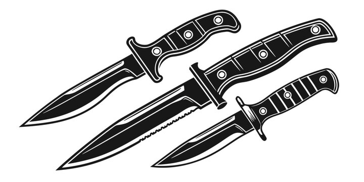 Black knife silhouette collection, isolated on white background, black knives sharp blades