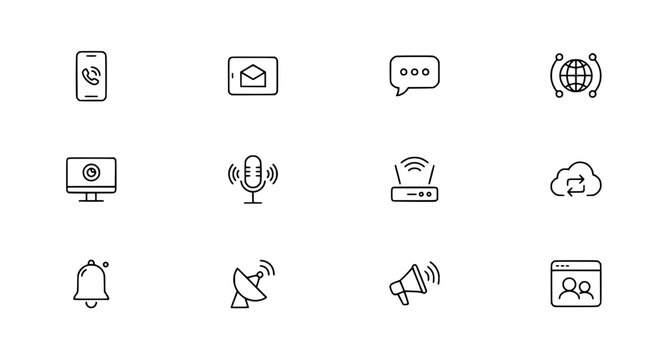 Digital communication line icons set including modern network messaging web chat and social media linear vector elements