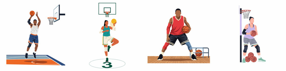 Obraz premium Flat vector illustrations of diverse male and female basketball players practicing shooting, dribbling, and playing on different court backgrounds.