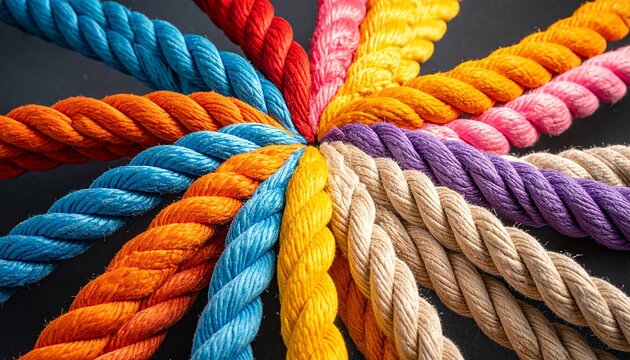 Colorful twisted ropes arranged radially with vivid textured fibers