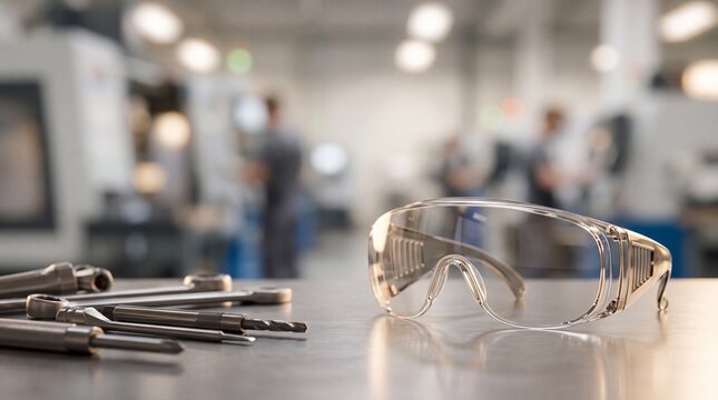 Protective safety glasses beside metal hand tools placed upon industrial workshop workbench during daily operations