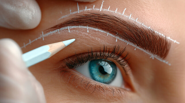 Eyebrow mapping preparation for permanent makeup procedure with cosmetic professional grooming