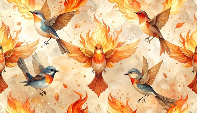 A seamless pattern of birds in flight amidst flames on a beige background