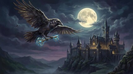Crow carrying a key over a moonlit gothic castle. © Nahdlatul