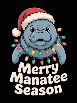 Merry Manatee Season - Cute manatee wearing a Santa hat. Funny Christmas sea cow with holiday lights illustration.