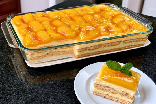 Peach trifle biscuit dessert with mint garnish