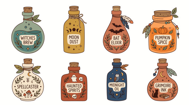 Set of decorative halloween potion bottles with labels and mystical ingredients on white background