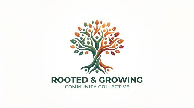 Colorful tree logo design featuring human figures with raised arms representing community growth and unity