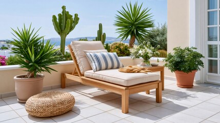 Fototapeta premium Relaxing on a sunny Mediterranean terrace with ocean view