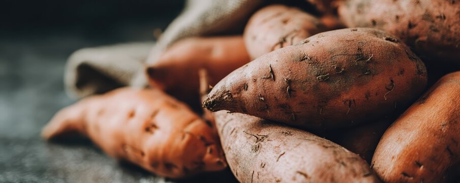 Ultra wide macro shot of sweet potatoes with rough orange-brown skin. Soft lighting highlights surface texture and natural variation in premium food photography.