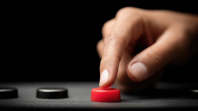 A close-up of a finger pressing a red panic button on a control panel. Dramatic lighting and dark background emphasize urgency, stress, and emergency response.