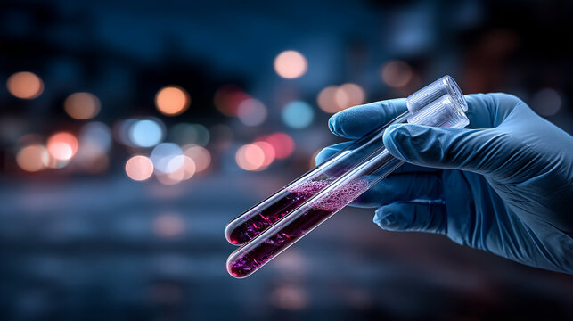 Hand in glove holding test tubes containing red blood samples against blurred city night lights