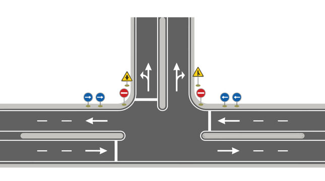 Detailed top down illustration of a t junction road intersection with traffic signs and lane markings. EPS Editable