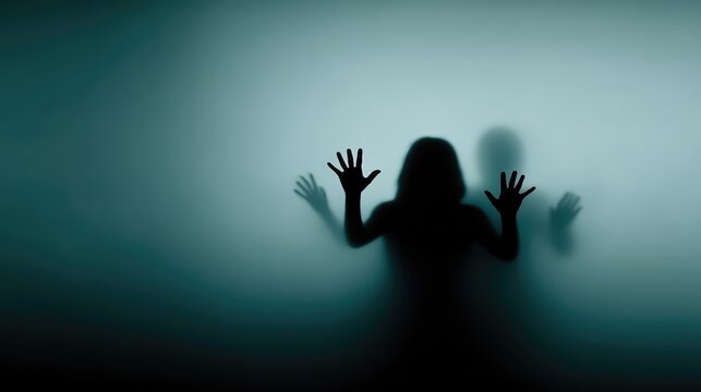 Shadowy human figures press distorted hands against a frosted glass wall. Surreal teal lighting and blurred faces create a tense, cinematic thriller atmosphere.