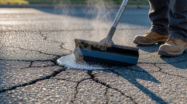 Worker repairing cracked asphalt road surface by applying hot sealant, road maintenance concept