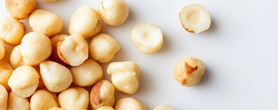 Panoramic flat lay of macadamia nuts forms a seamless, elegant pattern. Soft lighting and a minimal aesthetic highlight the rounded shapes and pale palette.
